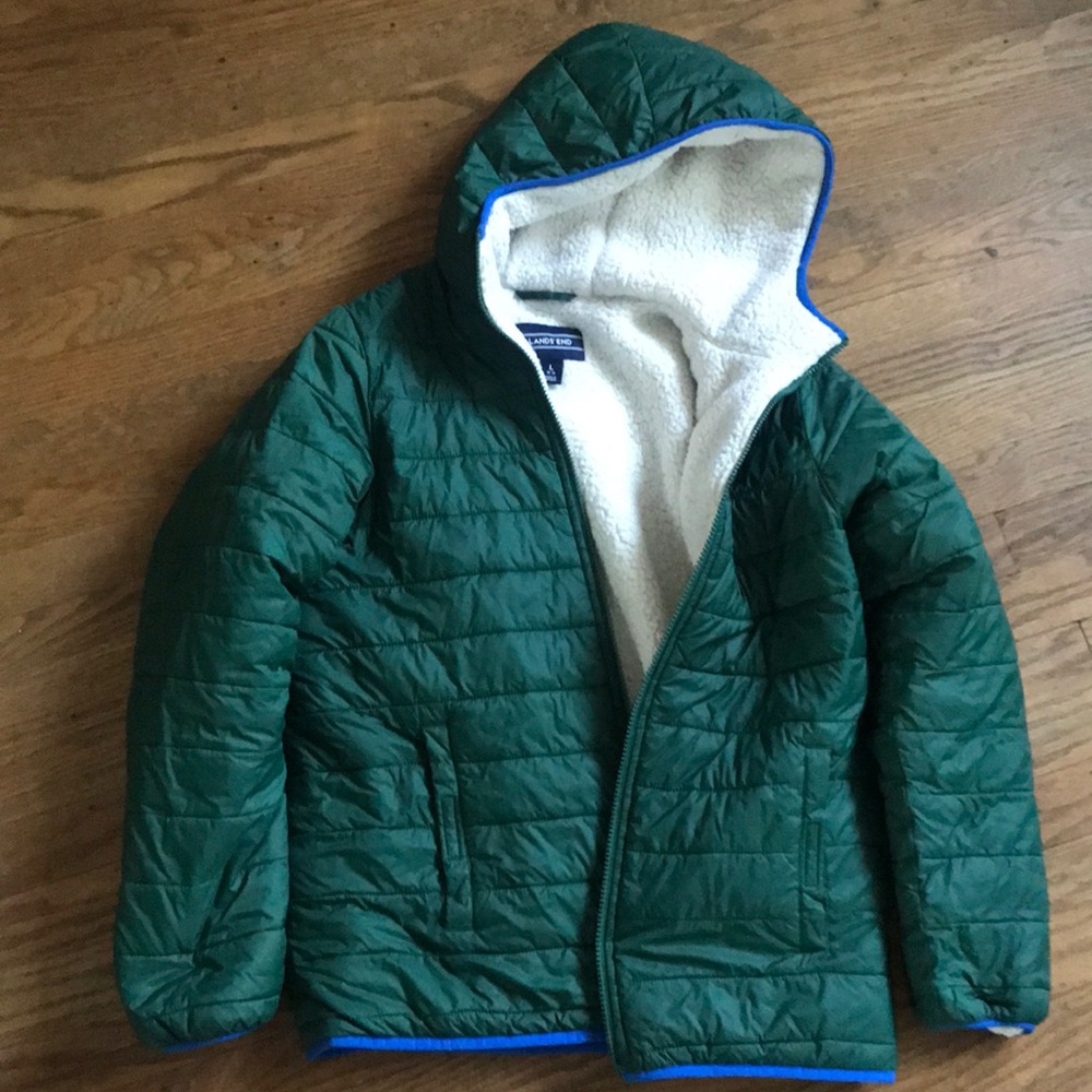 Land’s End hooded green jacket with blue piping